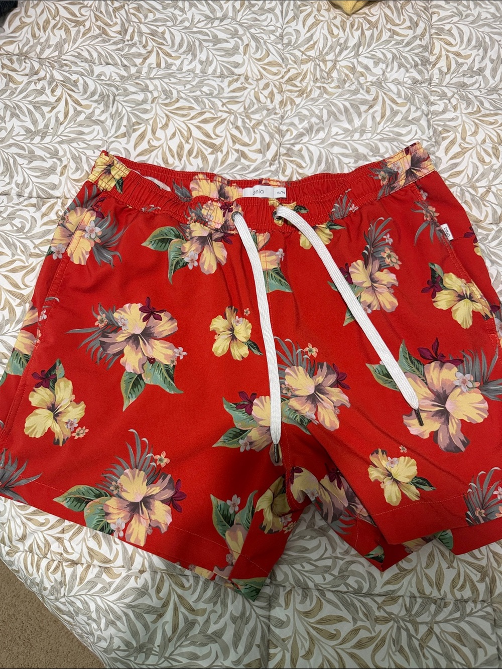 Onia Red Floral Drawstring Swim Shorts with Yellow Accents